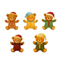 Cute Christmas teddy bears in pajamas and festive hats. Winter holiday clipart for cards, stickers, kids products, and decorations. Transparent PNG set.