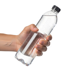 Hand holding a plastic water bottle with clear liquid, isolated on transparent background