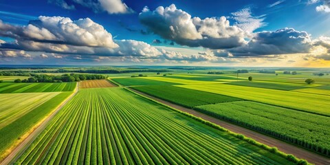 Aerial view of a lush green field with rows of crops under a clear blue sky and white fluffy clouds