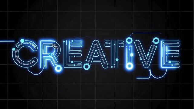 CREATIVE word in experimental graphic font with neon line and dot structure, typography inspired electric blue glow, animated strokes tracing each letter on a subtle grid, futuristic promo style.
