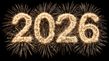 Obraz premium Bright golden fireworks explode in the night sky welcoming the year 2026 with hello happy new year