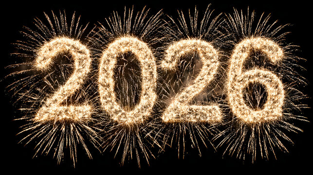 Bright golden fireworks explode in the night sky welcoming the year 2026 with hello happy new year