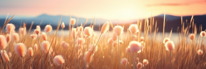A serene landscape featuring soft, fluffy flowers swaying in the breeze under a golden sunset, surrounded by distant mountains.