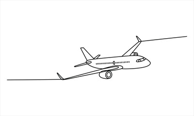 Continuous line draws an airplane taking off into the sky showing simplicity and elegance