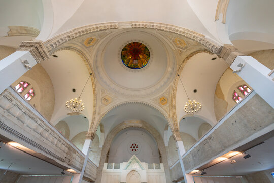 Lucenec Synagogue interior showing ornate dome and stained glass