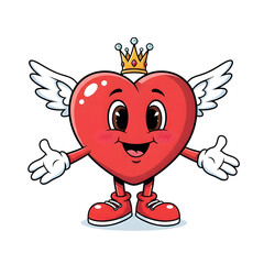 Fototapeta premium Cute cartoon heart character with wings and a crown, isolated on transparent background