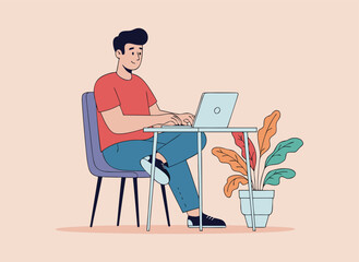 Man working on laptop at desk with plant, remote work, stay home