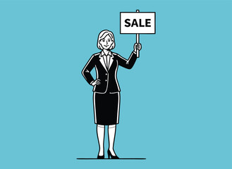 Businesswoman holding 'sale' sign, announcing discount promotion
