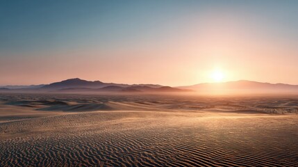 A serene desert landscape at sunset, showcasing gentle dunes and distant mountains under a pastel sky.