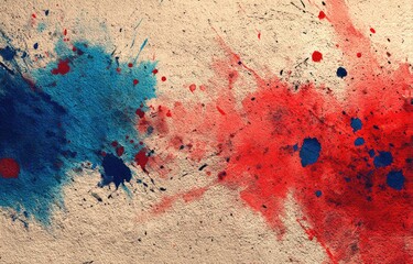 Abstract watercolor on textured paper. Splatters of blue and red create a dynamic composition