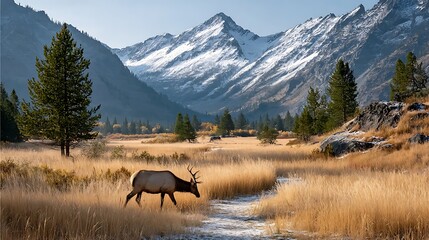 Majestic bull elk roams golden meadow with snow-capped mountains and pine trees under clear blue sky