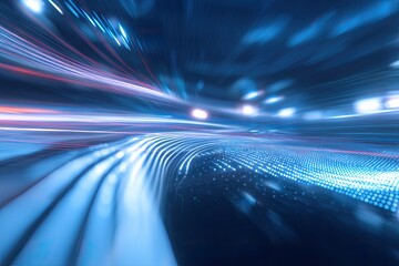 Abstract digital rendering of curved light trails in shades of blue, hinting at motion