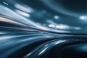 Abstract view of light streaks, blurred motion across a dark blue backdrop