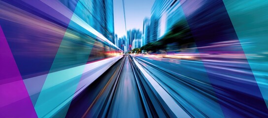 A perspective shot of a moving train passing through a city, with speed lines and overlaid abstract shapes