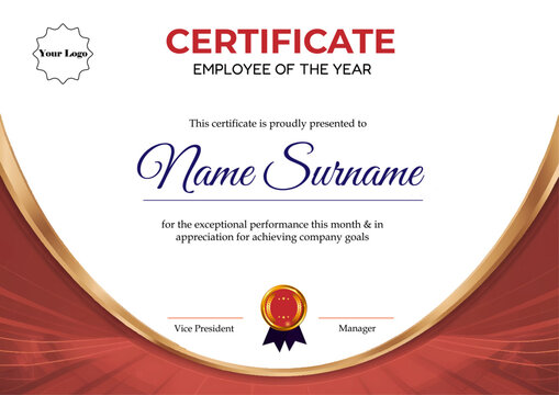 Employee recognition certificate with red-gold border for corporate awards and performance appreciation