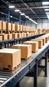 Boxes moving on conveyor belts through large warehouse, package sorting and distribution, storage and logistics for mail and retail business