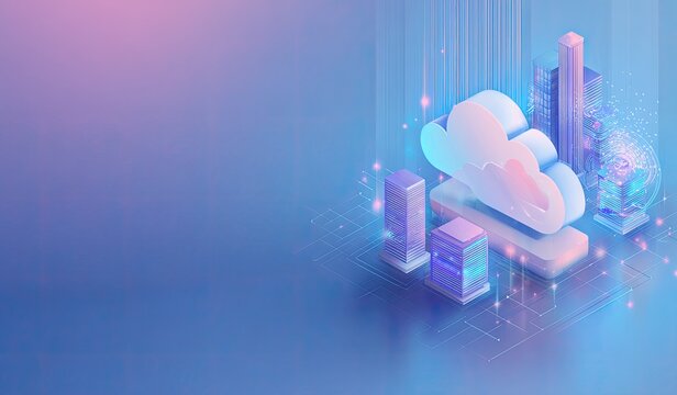 Isometric cloud computing illustration showcasing data servers, digital connections, and abstract light effects