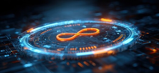 A digital artwork displaying a glowing infinity symbol with intricate circuit board details