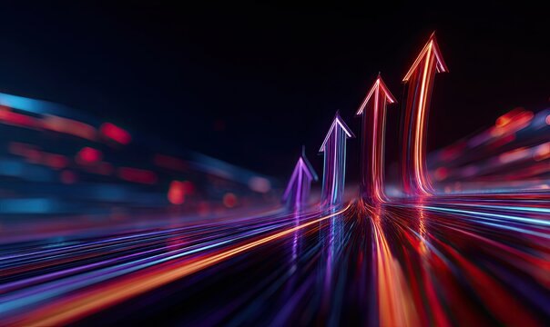 Futuristic graphic with bright neon arrows ascending against a dark background, representing growth