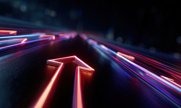 Glowing neon arrows representing direction, focus, and progress in a futuristic, blurred scene - Powered by Adobe