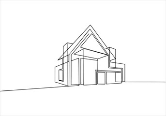 Continuous line art drawing of a modern minimalist architectural house design concept for property