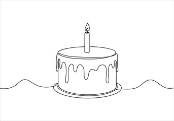 Minimalist continuous line art drawing of a celebratory birthday cake with a single candle, perfect for any special occasion design