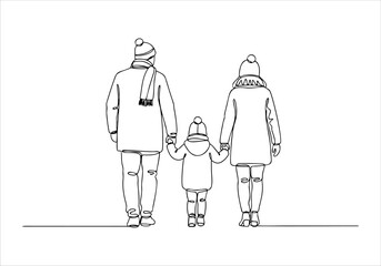 Heartwarming continuous line art drawing of a family of three, parents and child, walking hand in hand, symbolizing unity