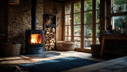 Cozy cabin fireplace ablaze in a room with stone and wood walls
