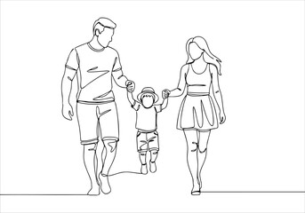 Elegant continuous line art drawing of a happy family, parents and child walking hand in hand together