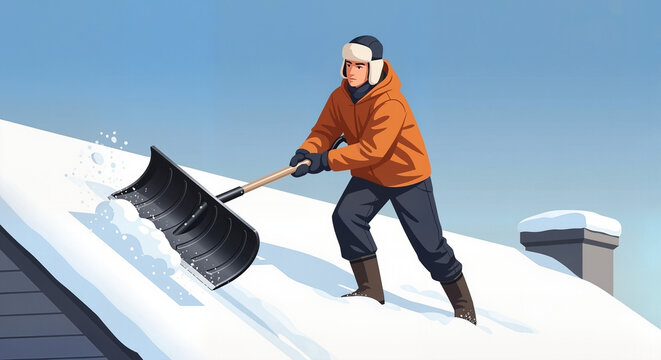 An illustration of a person shoveling roof wearing an orange jacket, a clear graphic for content about home safety and winter preparation.