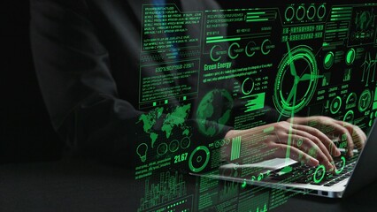 Engaging portrayal of green energy concepts through data visualization in a modern workspace. Ideal for showcasing sustainability in technology and environmental solutions. Cipher