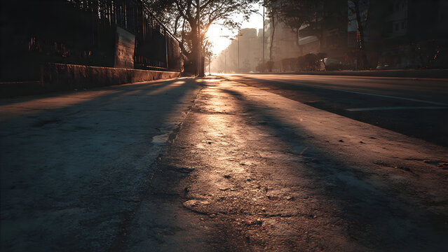 A soft morning empty street with long diffused shadows stretching from low sun over textured pavement