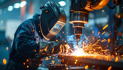 Welder at Work: Sparks fly as a skilled welder meticulously works on a metal project, expertly using advanced tools in a display of industrial craftsmanship.