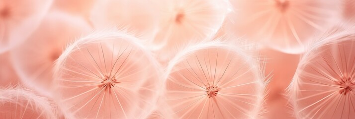 A close-up view of delicate, fluffy dandelion seeds in soft pink hues, creating a dreamy and ethereal atmosphere.