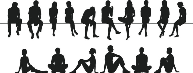 Seated silhouette vector illustration, diverse human posture, black outline figures, bench and ground pose template, stock artwork
