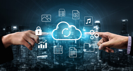 This image showcases two hands connecting through cloud computing, symbolizing collaboration and data sharing in a modern urban environment with digital elements. Gantry