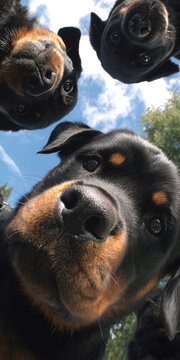 Collage of 10 Rottweilers, each with unique expressions looking up at the camera from a tilted angle against a sky backdrop Naturalistic color palette focusing on fur tones Arranged i - AI-Generated