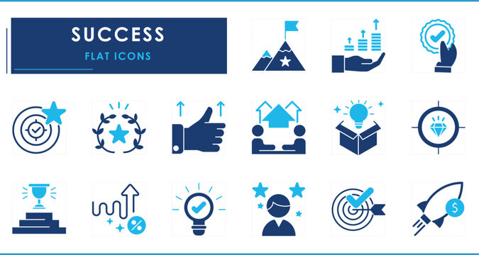 A set of flat icons related to Success. Goal, achieve, award, like, profit, win, struggle, innovation, mind, gem, and so on.