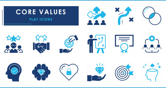 A set of flat icons related to Core Values. Path, decision, growth, teamwork, success, target, mindset, award, certificate, strategy, and so on.