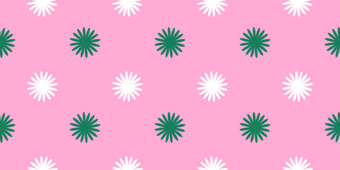 Vector illustration of a seamless pink floral pattern featuring green and white stylized flowers arranged symmetrically. Ideal for use in textiles, wallpapers, and wrapping papers.