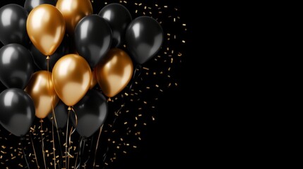A cluster of black and gold balloons against a dark background, embellished with shimmering confetti, creating a festive atmosphere.