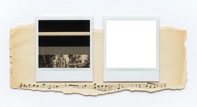 Two vintage instant photo frames with a musical score and aged paper creating a nostalgic and artistic composition