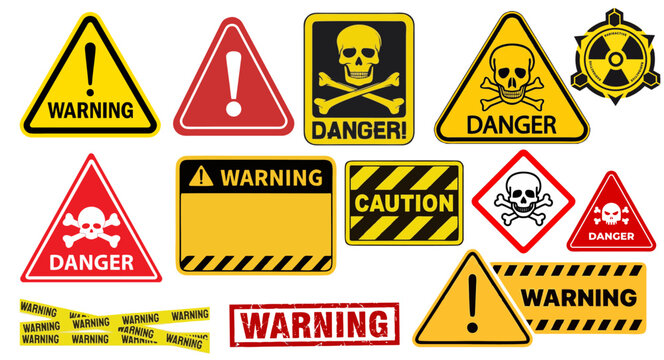 Vector collection of warning, danger, and caution signs. Features skull and crossbones for poison/toxic, exclamation mark (general hazard), and radiation symbols. Essential for safety, alert, risk, an - Powered by Adobe