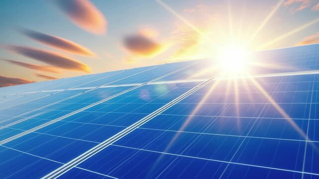 Bright sunbeams illuminate a vast solar panel array capturing renewable energy in a dynamic sky 4k high quality footage