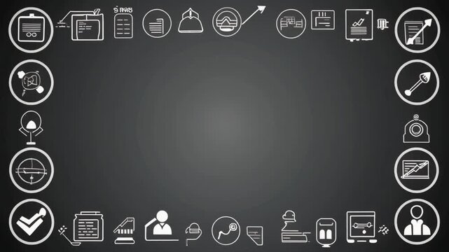 Flat lay of various business and technology icons arranged in a border on a dark gray background with a central spotlight.