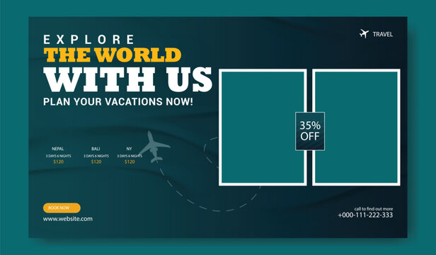 Explore the world with us plan your vacations now travel agency social media post template with image placeholders - Powered by Adobe