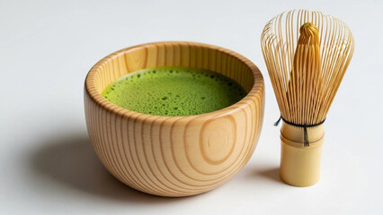 Brewed Matcha in a Wooden Glass with Bamboo Chawan Whisk, Close up view