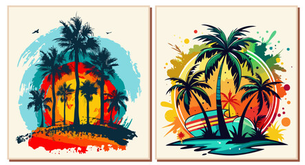 Obraz premium Two colorful vector illustrations with a tropical theme. Features palm trees and a sunset or surfboard, using a vibrant distressed or grunge art style. Great for t-shirt print, summer holiday, vintage