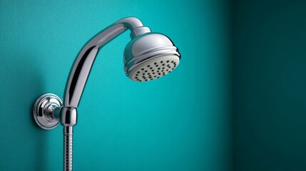Chrome showerhead mounted on a vibrant turquoise wall, showcasing modern bathroom design elements, emphasizing sleek lines and contemporary aesthetics for home improvement inspiration