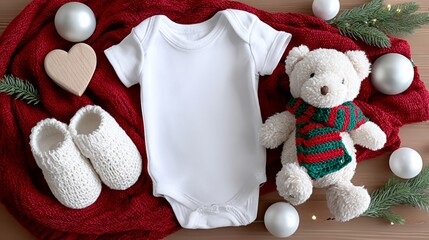 Baby clothing mock up featuring a white onesie, knitted booties, a teddy bear wearing a scarf, and decorative elements on a cozy red blanket with holiday accents